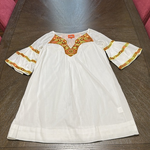 PIA PAURO‎ Cotton Colorful Embroidered Bell Sleeve Dress, Size Small - Picture 5 of 13